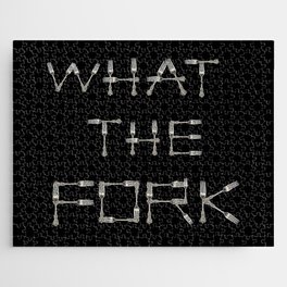 WHAT THE FORK design using fork images to create letters black background Jigsaw Puzzle