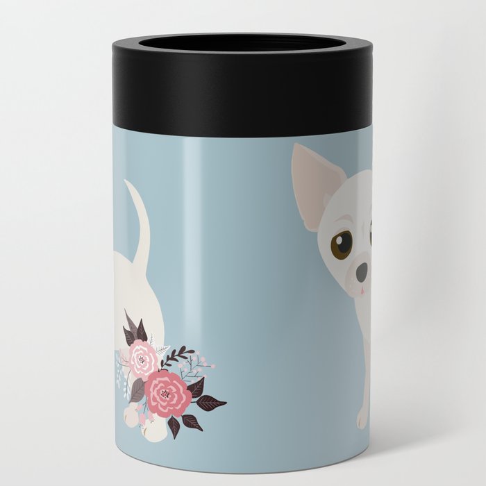 Chihuahua and Flowers Cream White Dog Blue Can Cooler