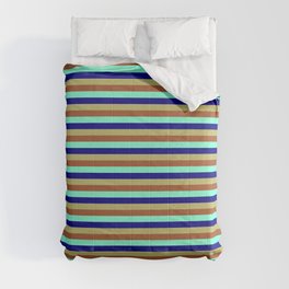 [ Thumbnail: Sienna, Aquamarine, Blue & Dark Khaki Colored Pattern of Stripes Comforter ]