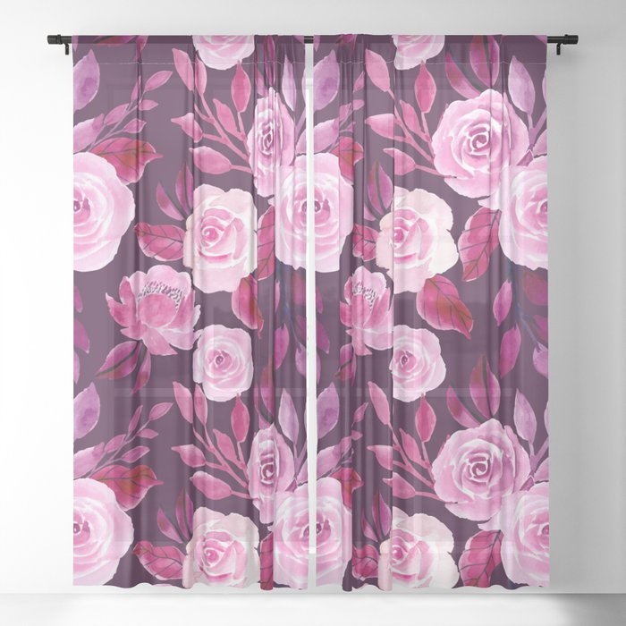 Pink Watercolor Roses - Dark Florals Sheer Curtain