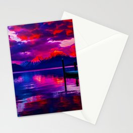 Sunset on a lake, landscape painting with nature  Stationery Card