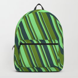 [ Thumbnail: Dark Slate Gray, Green & Light Green Colored Lined/Striped Pattern Backpack ]