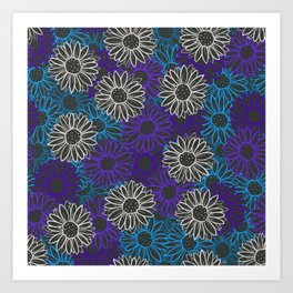 Blue, Purple and Grey Daisy Pattern Art Print