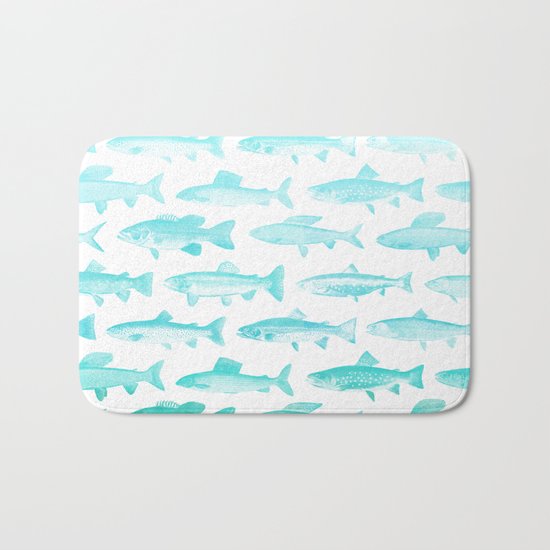 Fishes- pattern in aqua on clear white Bath Mat