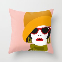 1960's Retro Vintage Fashion Illustration of Woman Wearing Cloche Hat and Retro Sunglasses.. Throw Pillow