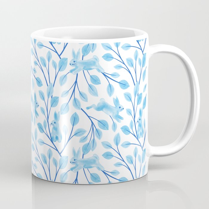 Blue Bunnies and Leaves, Botanical Bunny Pattern Watercolor Coffee Mug