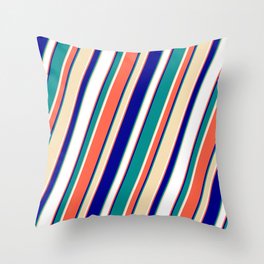 [ Thumbnail: Red, Dark Blue, Dark Cyan, Tan & White Colored Lined/Striped Pattern Throw Pillow ]