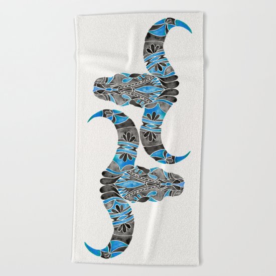 Water Buffalo Skull – Black & Blue Beach Towel