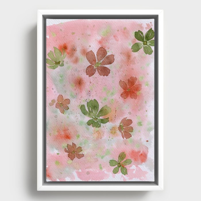 Rusty Red and Olive Greens in a Watercolor Floral Wash Framed Canvas