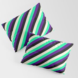 [ Thumbnail: Beige, Green, Indigo & Black Colored Striped/Lined Pattern Pillow Sham ]