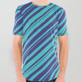 [ Thumbnail: Dark Slate Blue and Turquoise Colored Striped/Lined Pattern All Over Graphic Tee ]