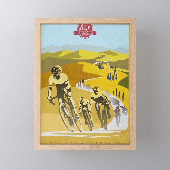 Strade Bianche retro cycling classic art Framed Mini Art Print