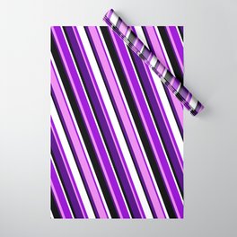 [ Thumbnail: Dark Violet, Violet, Indigo, Black, and White Colored Pattern of Stripes Wrapping Paper ]