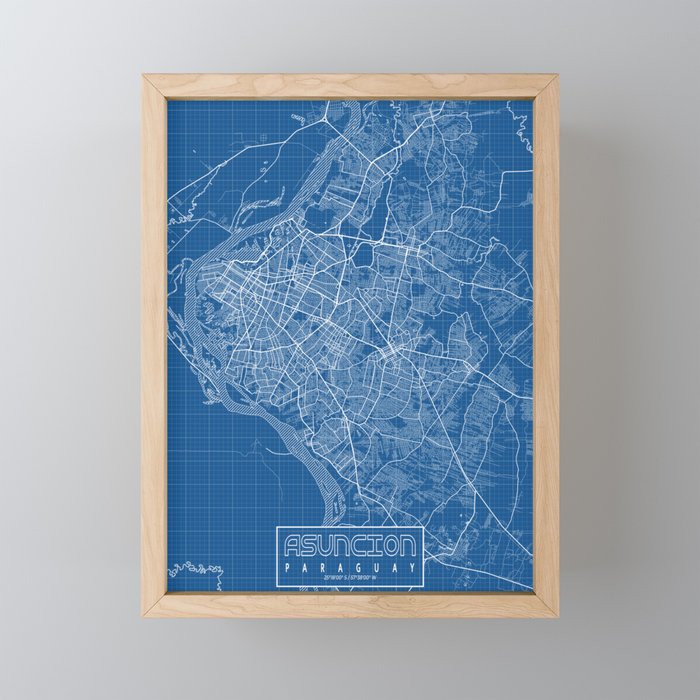Asuncion City map of Paraguay - Blueprint Framed Mini Art Print