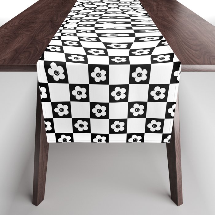 Small Checkerboard Happy Face Flowers 2 Black White Swirl