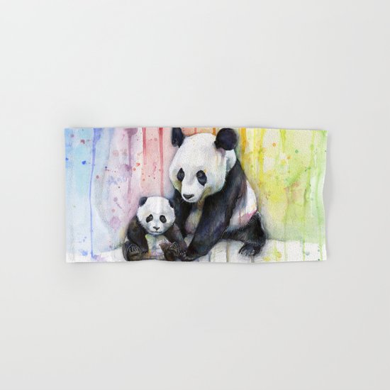 Pandas and Rainbow Watercolor Mom and Baby Panda Nursery Animals Hand & Bath Towel
