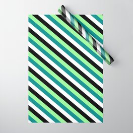 [ Thumbnail: Green, Dark Cyan, White, and Black Colored Lined/Striped Pattern Wrapping Paper ]