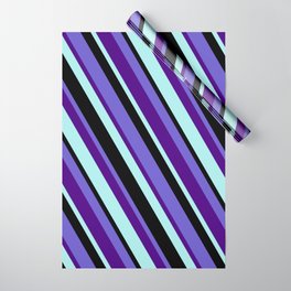 [ Thumbnail: Slate Blue, Indigo, Turquoise & Black Colored Striped Pattern Wrapping Paper ]