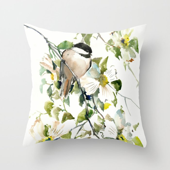 chickadee and dogwood, chickadee art design floral Throw Pillow
