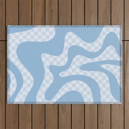 Checked Retro Liquid Swirl Square Pattern in Baby Blue Outdoor Rug