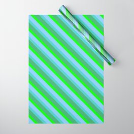 [ Thumbnail: Sea Green, Lime, Light Sky Blue & Turquoise Colored Lined/Striped Pattern Wrapping Paper ]