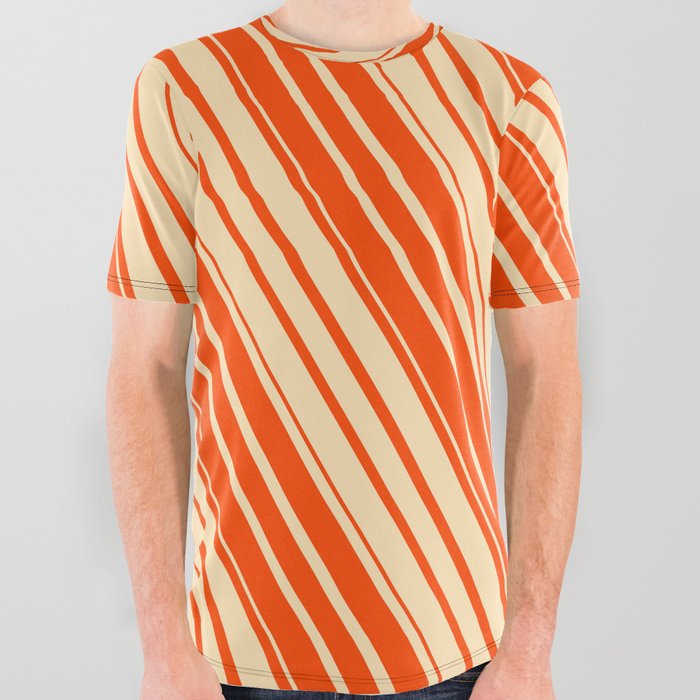 Beige and Red Colored Striped Pattern All Over Graphic Tee