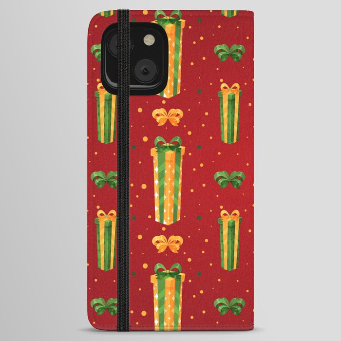 Christmas Pattern Yellow Green Gifts Bow iPhone Wallet Case