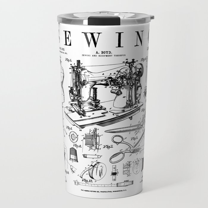Sewing Machine Quilting Quilter Crafter Vintage Patent Print Travel Mug