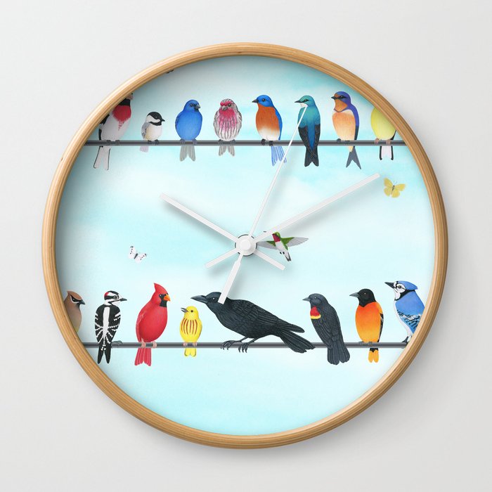birds on a line with butterflies of North America Wall Clock