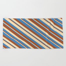 [ Thumbnail: Tan, Blue & Sienna Colored Stripes/Lines Pattern Beach Towel ]