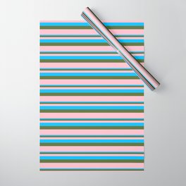 [ Thumbnail: Deep Sky Blue, Dark Olive Green & Pink Colored Lined/Striped Pattern Wrapping Paper ]