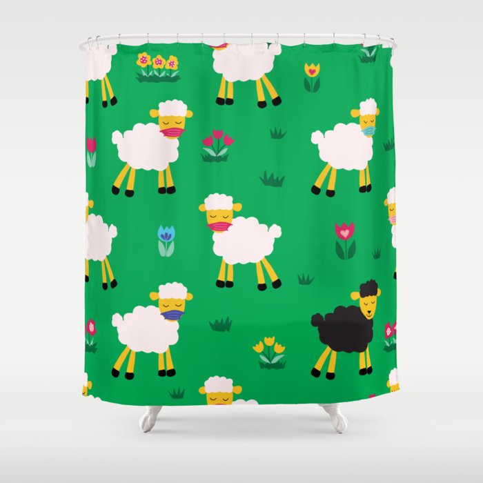 Black Sheep Wearing Face Mask Social Distancing Flowers Green Pattern Shower Curtain