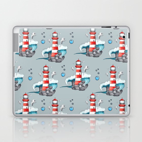 Lighthouse Seagull Waves Nautical Pattern Laptop & iPad Skin