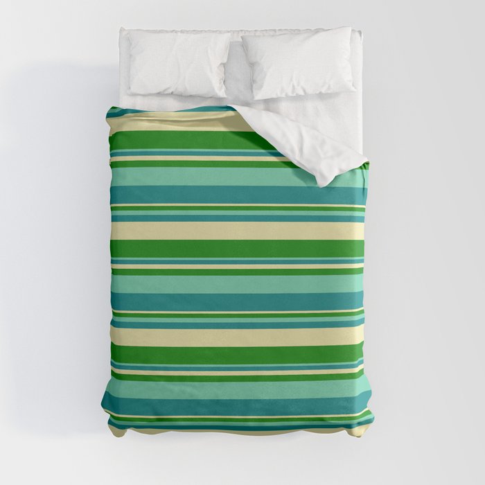 Aquamarine, Teal, Pale Goldenrod, and Green Colored Striped Pattern Duvet Cover