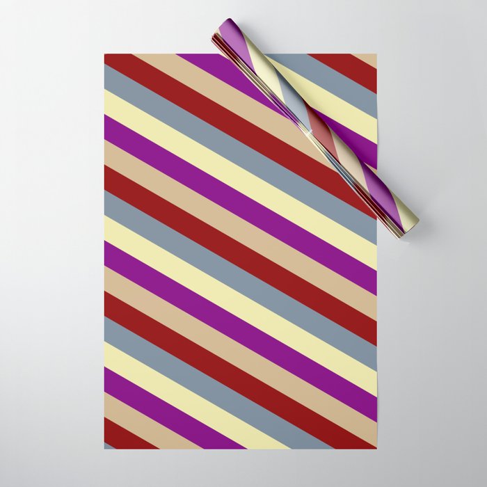 Vibrant Pale Goldenrod, Purple, Tan, Dark Red & Light Slate Gray Colored Striped Pattern Wrapping Paper