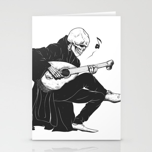 Minstrel playing guitar,grim reaper musician cartoon,gothic skull,medieval skeleton,death poet illus Stationery Cards