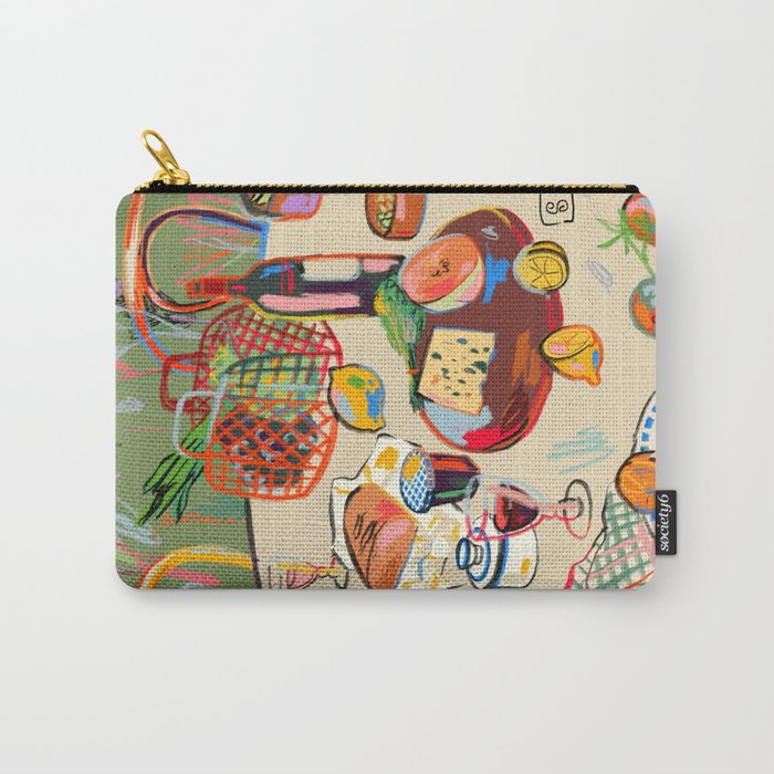 WINE BREAK Carry-All Pouch | Drawing, Digital, Colored-pencil, Pastel, Picnic, Garden, Dinner, Cheese, Fruit, Citrus