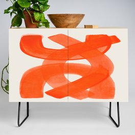 Mid Century Modern Abstract Painting Orange Watercolor Brush Strokes Credenza