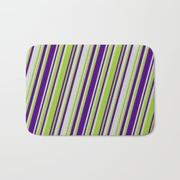 [ Thumbnail: Light Gray, Green & Indigo Colored Pattern of Stripes Bath Mat ]