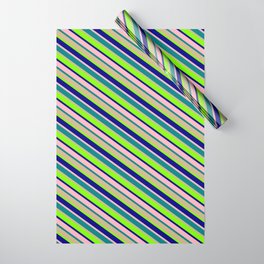 [ Thumbnail: Colorful Teal, Tan, Chartreuse, Blue, and Light Pink Colored Stripes/Lines Pattern Wrapping Paper ]