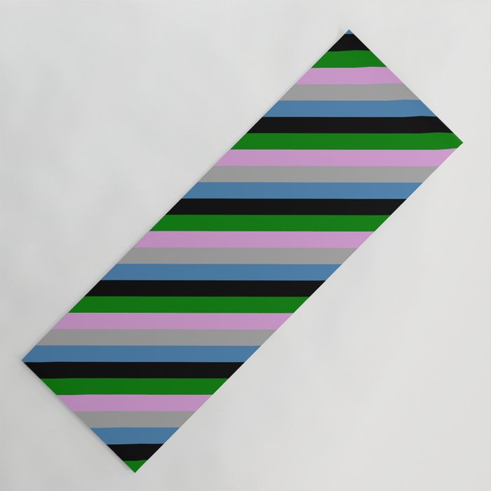 Vibrant Plum, Dark Grey, Blue, Black & Green Colored Stripes Pattern Yoga Mat