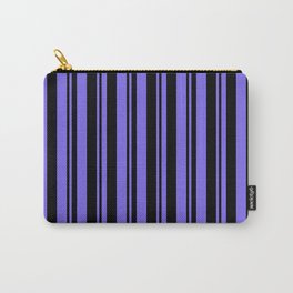 [ Thumbnail: Black & Medium Slate Blue Colored Lines Pattern Carry-All Pouch ]