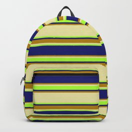 [ Thumbnail: Pale Goldenrod, Light Green, Midnight Blue & Dark Goldenrod Colored Lined/Striped Pattern Backpack ]