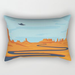  landscape with deserted valley, mountains, dark winding river and flying saucer in the sky. Decorative illustration on the theme of of alien invasion. Western scenery and UFO Rectangular Pillow