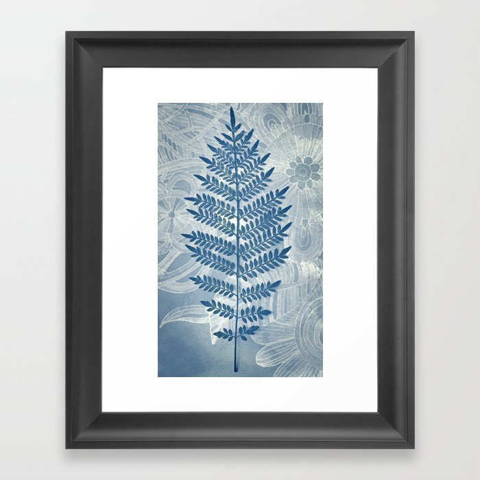 Jacaranda Leaf in Blue, Cream, Grey Framed Art Print