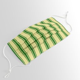 [ Thumbnail: Tan and Dark Green Colored Lined/Striped Pattern Face Mask ]