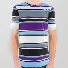 [ Thumbnail: Light Sky Blue, Slate Gray, Indigo, White, and Black Colored Lines/Stripes Pattern All Over Graphic Tee ]