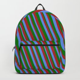 [ Thumbnail: Cornflower Blue, Green & Red Colored Stripes Pattern Backpack ]