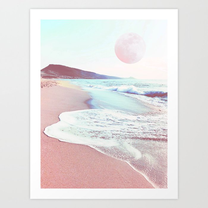 sea, sand and salt with full moon - coastal art Art Print