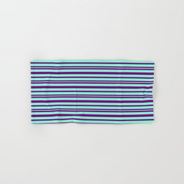 [ Thumbnail: Purple & Aquamarine Colored Pattern of Stripes Hand & Bath Towel ]